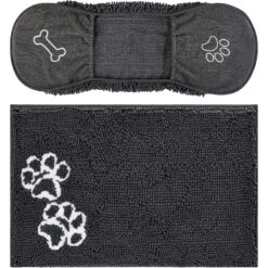 Frisco Microfiber Chenille Shammy Towel & Frisco Microfiber Chenille Paw Print Dog & Cat Mat, Dark Gray